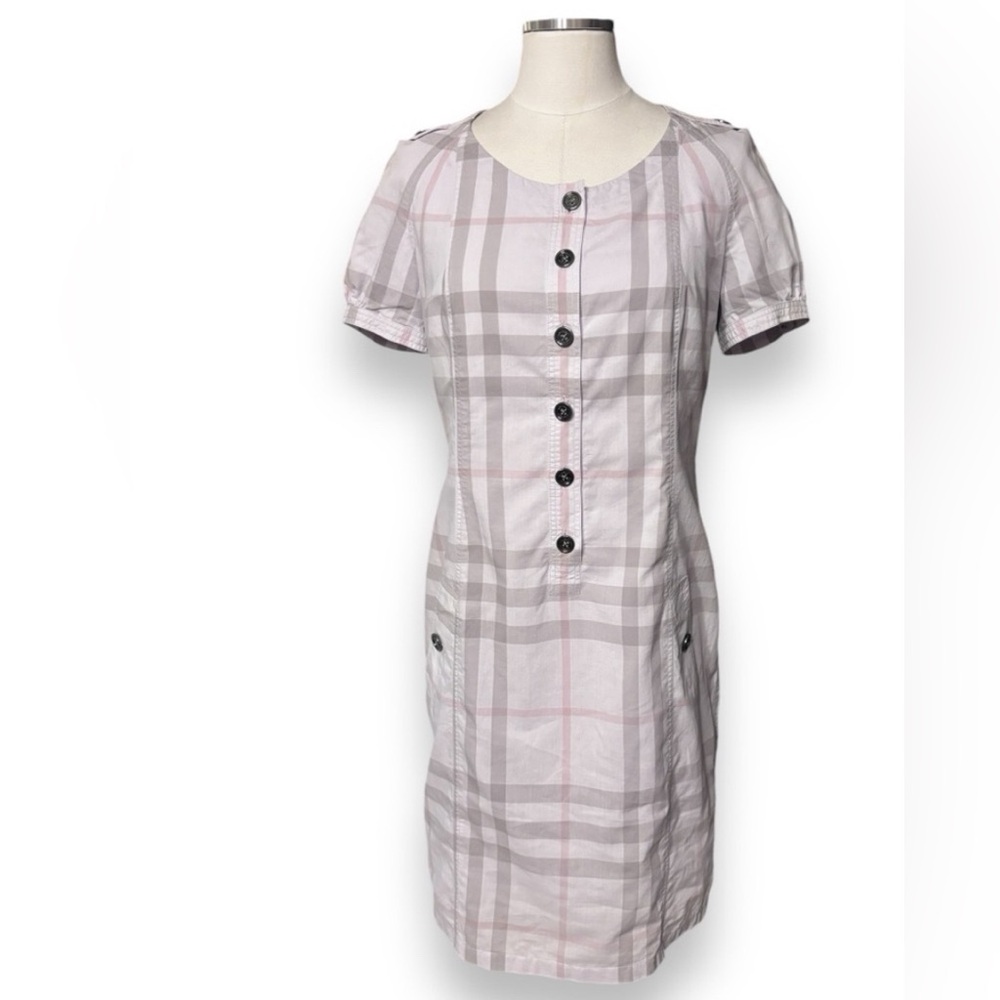 BURBERRY BRIT Lavender Pink Pastel Plaid Cotton Scoop Neck Shirt Dress